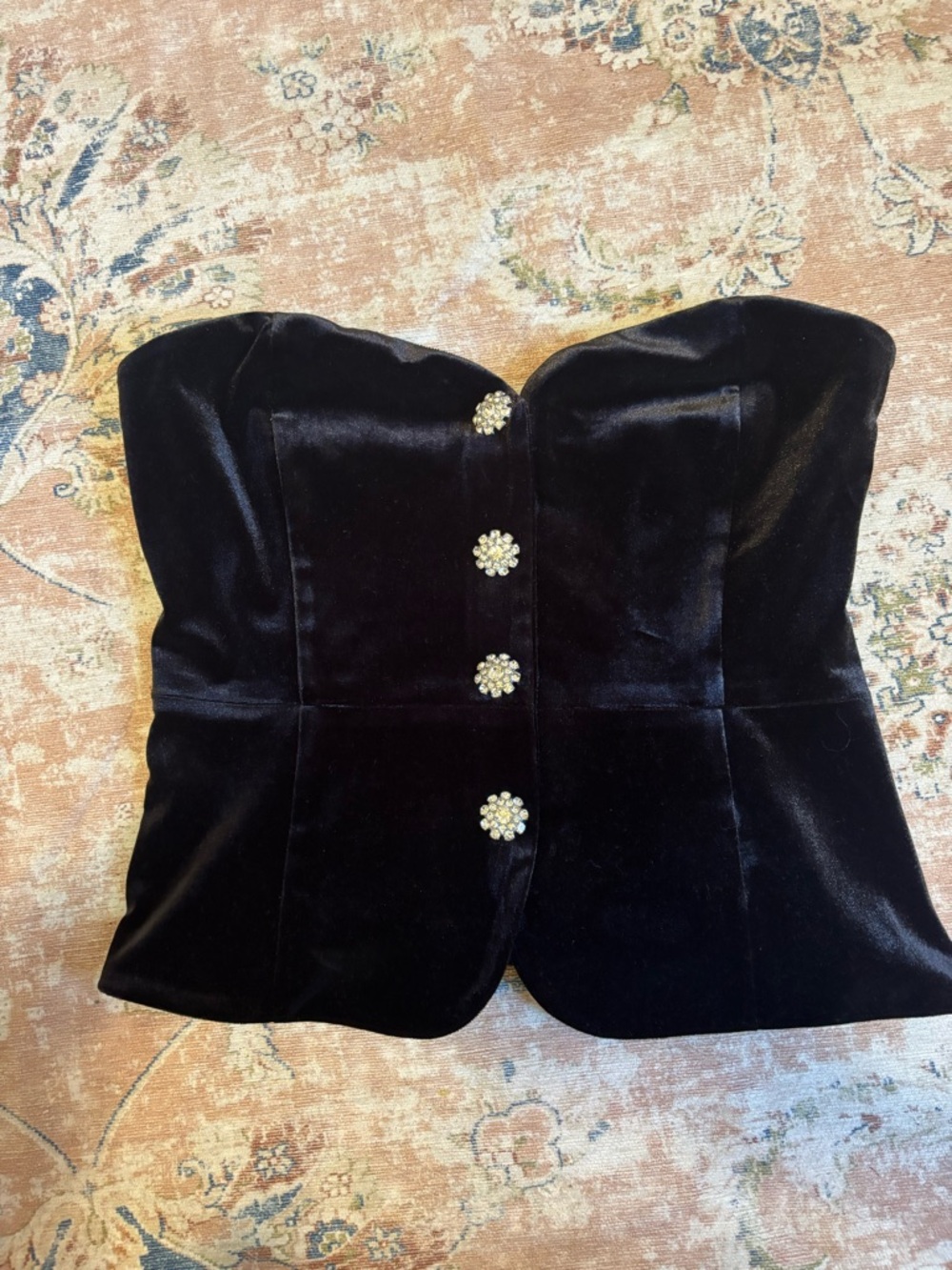 Dynamite Black Velvet Strapless Corset Top with Rhinestone Buttons